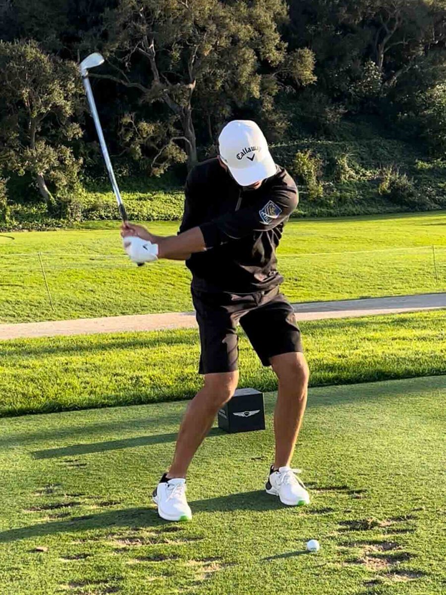 Adam Svensson swings during the 2024 Genesis Invitational pro-am.